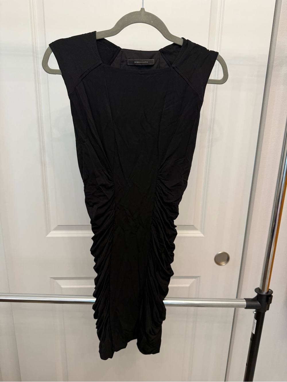 BCBGMaxAzria Black Ruched Midi Sheath Dress